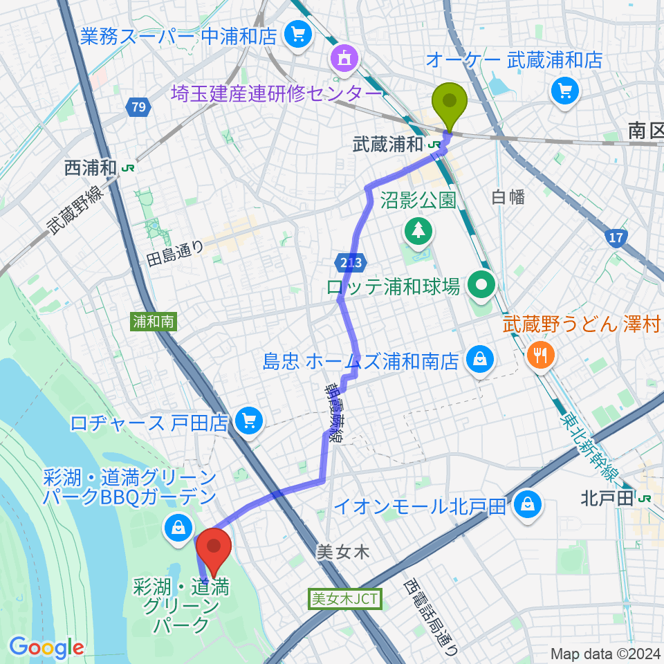 武蔵浦和駅からヤクルト戸田グラウンドへのルートマップ地図