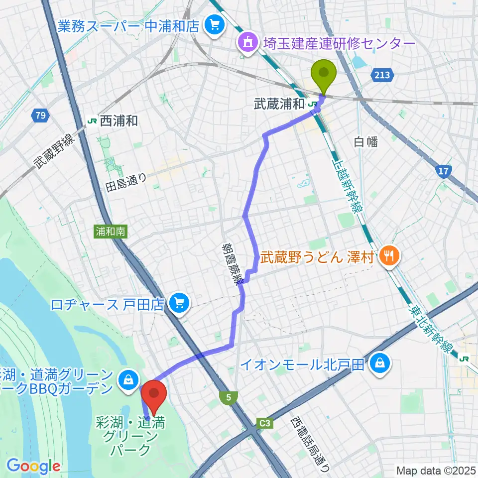 武蔵浦和駅からヤクルト戸田グラウンドへのルートマップ地図