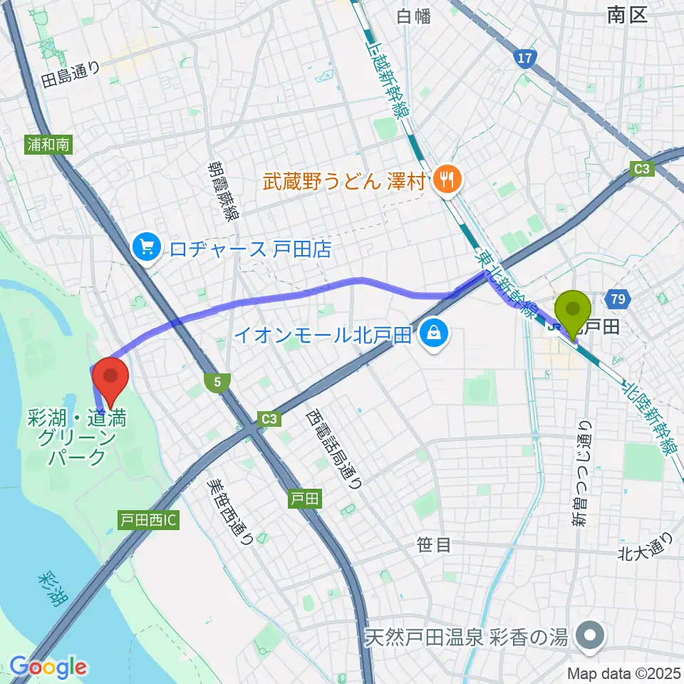 北戸田駅からヤクルト戸田グラウンドへのルートマップ地図