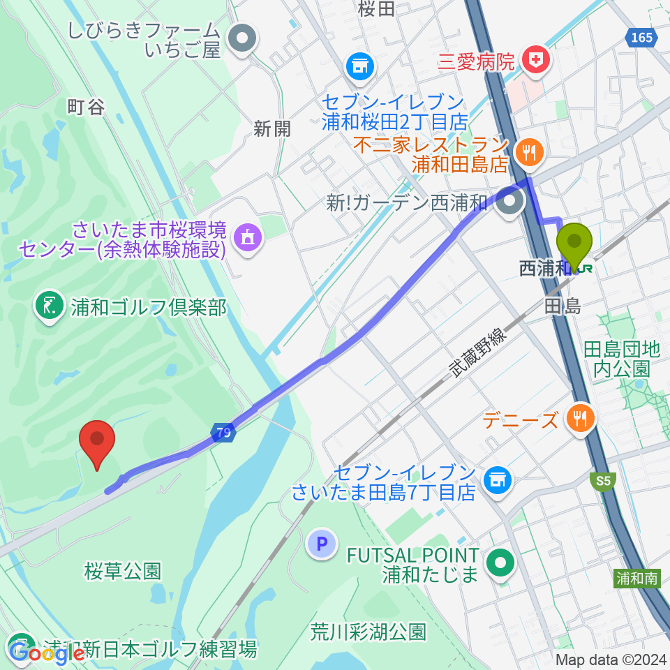 秋ヶ瀬公園野球場の最寄駅西浦和駅からの徒歩ルート（約24分）地図