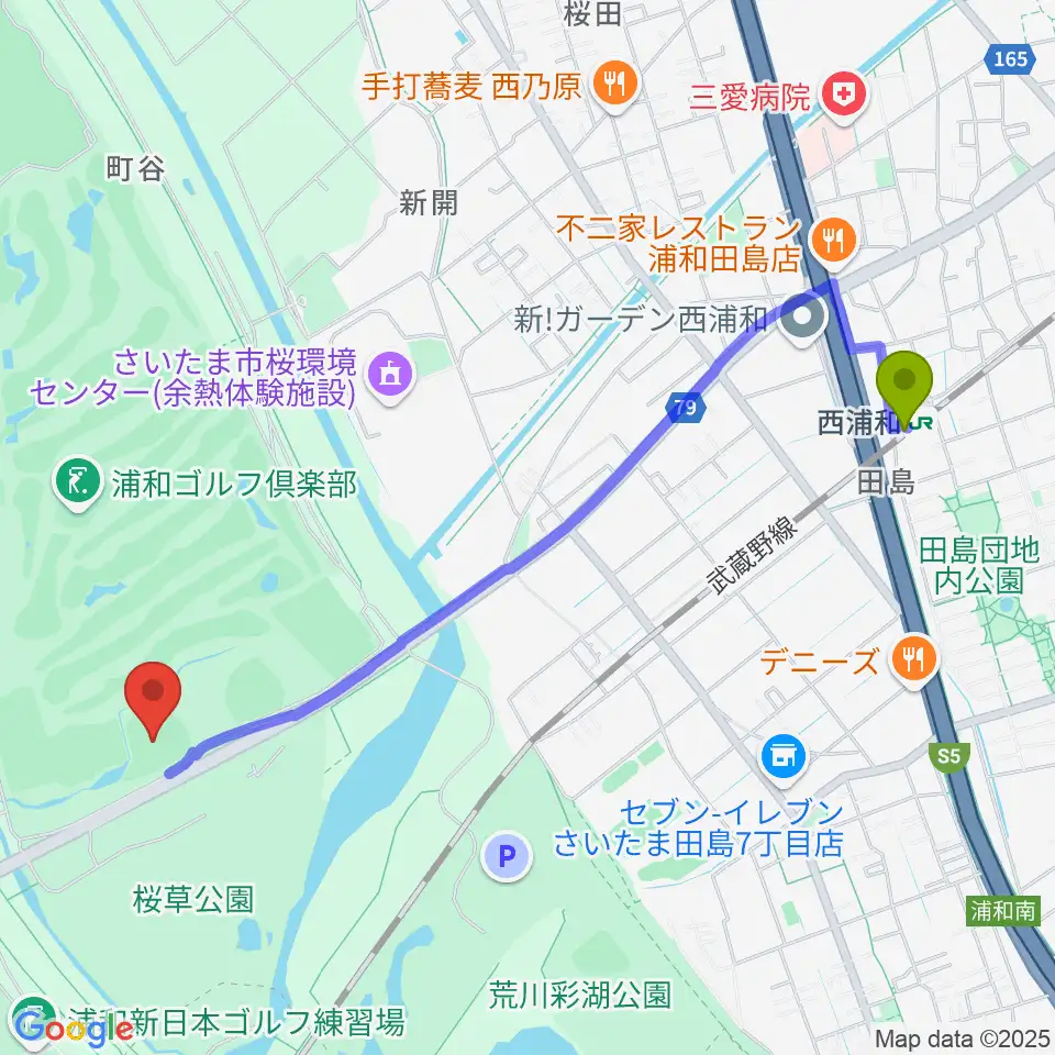 秋ヶ瀬公園野球場の最寄駅西浦和駅からの徒歩ルート（約24分）地図