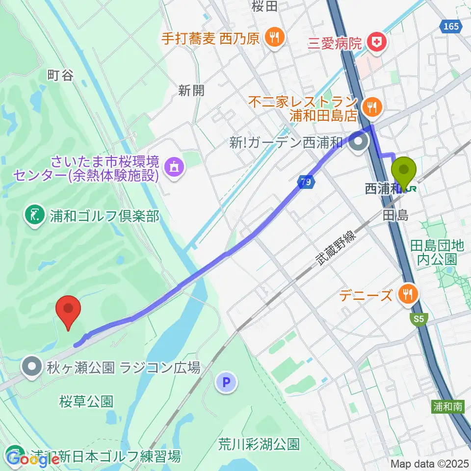 秋ヶ瀬公園野球場の最寄駅西浦和駅からの徒歩ルート（約24分）地図
