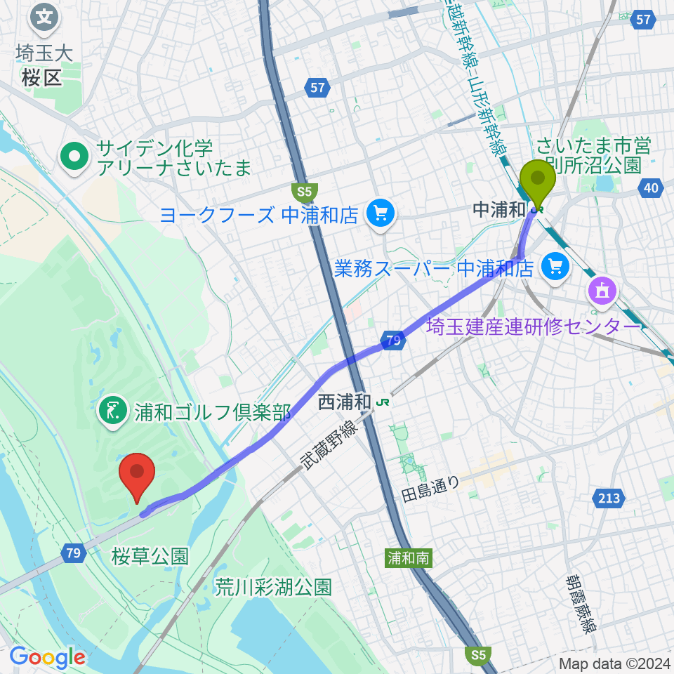 中浦和駅から秋ヶ瀬公園野球場へのルートマップ地図