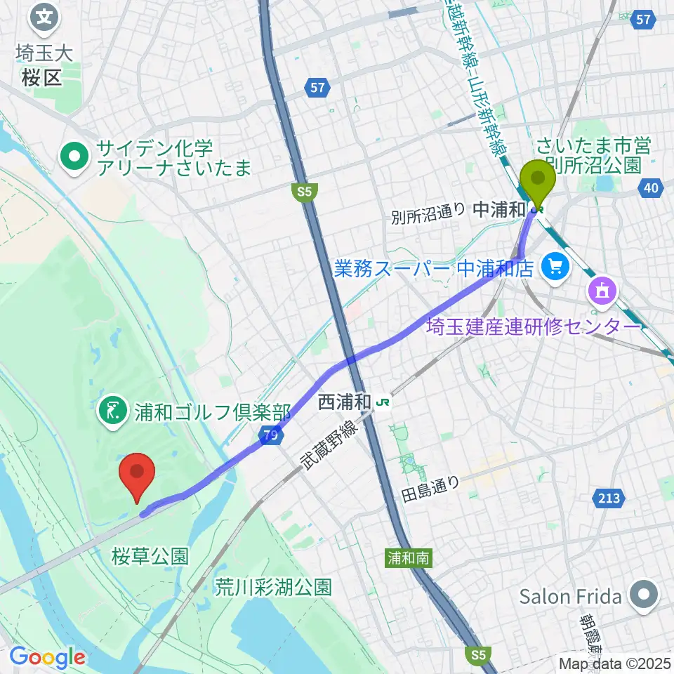 中浦和駅から秋ヶ瀬公園野球場へのルートマップ地図