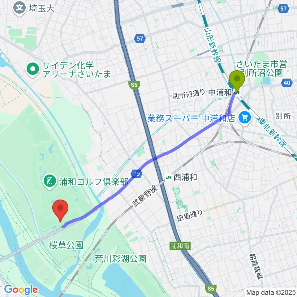中浦和駅から秋ヶ瀬公園野球場へのルートマップ地図