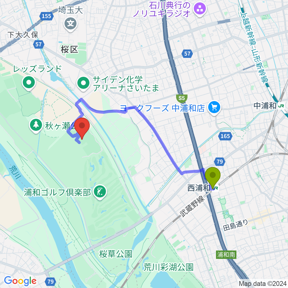 秋ヶ瀬公園サッカー場の最寄駅西浦和駅からの徒歩ルート（約30分）地図