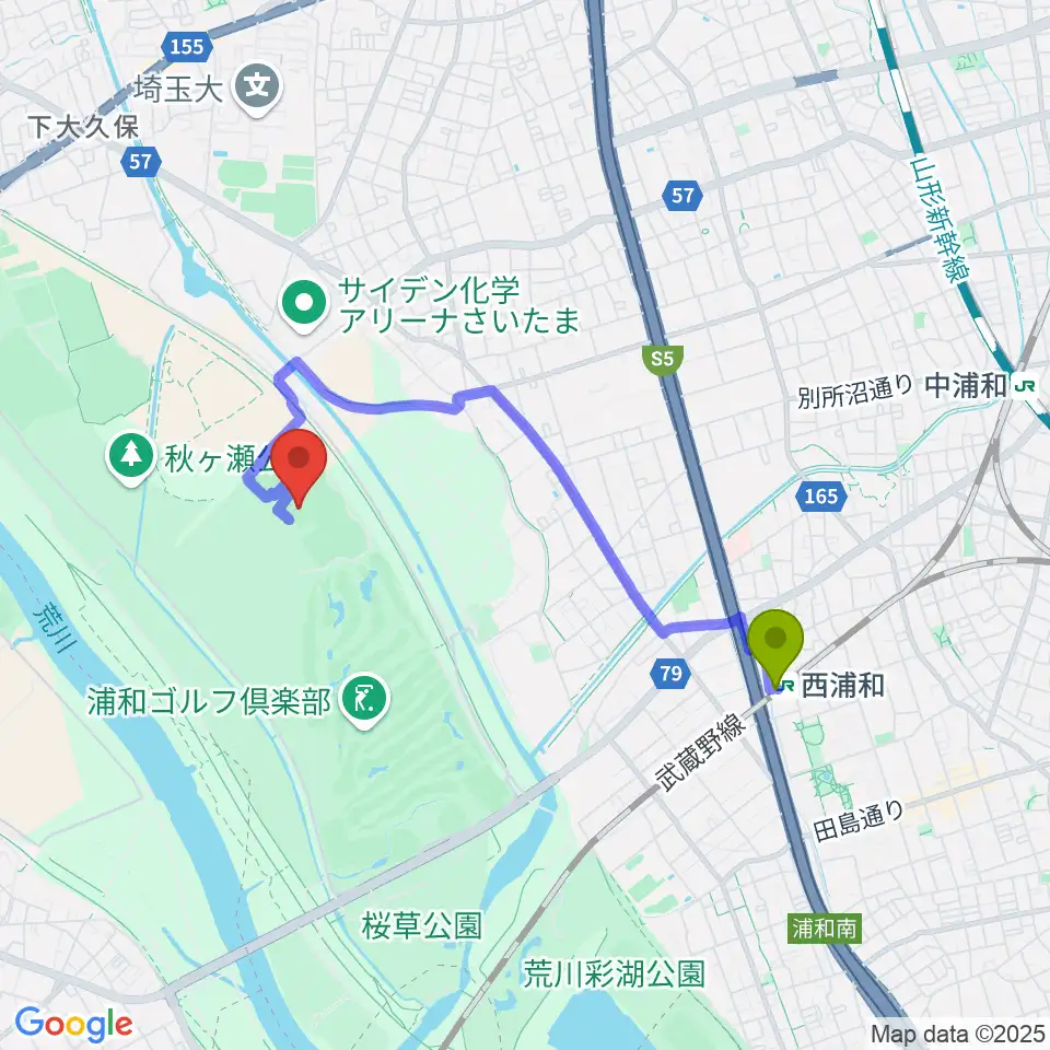 秋ヶ瀬公園サッカー場の最寄駅西浦和駅からの徒歩ルート（約30分）地図
