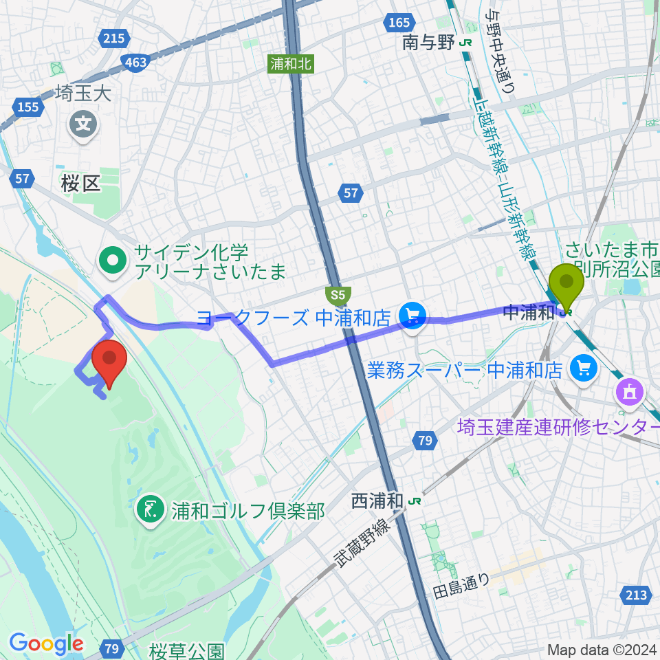 中浦和駅から秋ヶ瀬公園サッカー場へのルートマップ地図