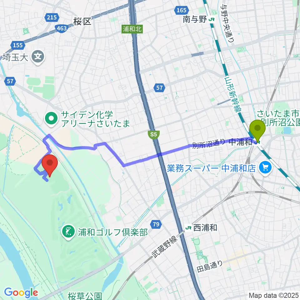 中浦和駅から秋ヶ瀬公園サッカー場へのルートマップ地図