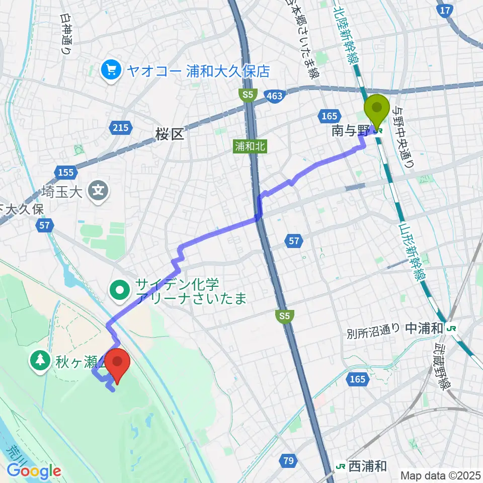 南与野駅から秋ヶ瀬公園サッカー場へのルートマップ地図
