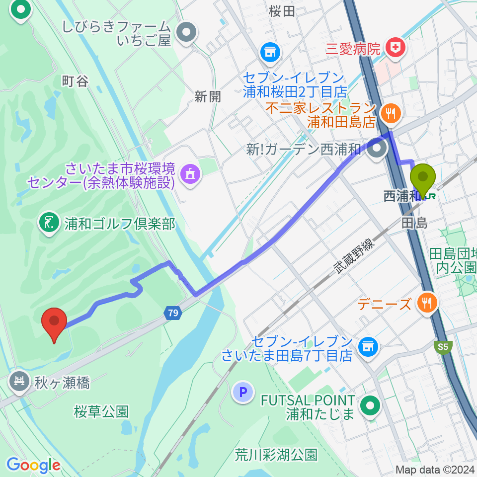 秋ヶ瀬公園ラグビー場の最寄駅西浦和駅からの徒歩ルート（約26分）地図