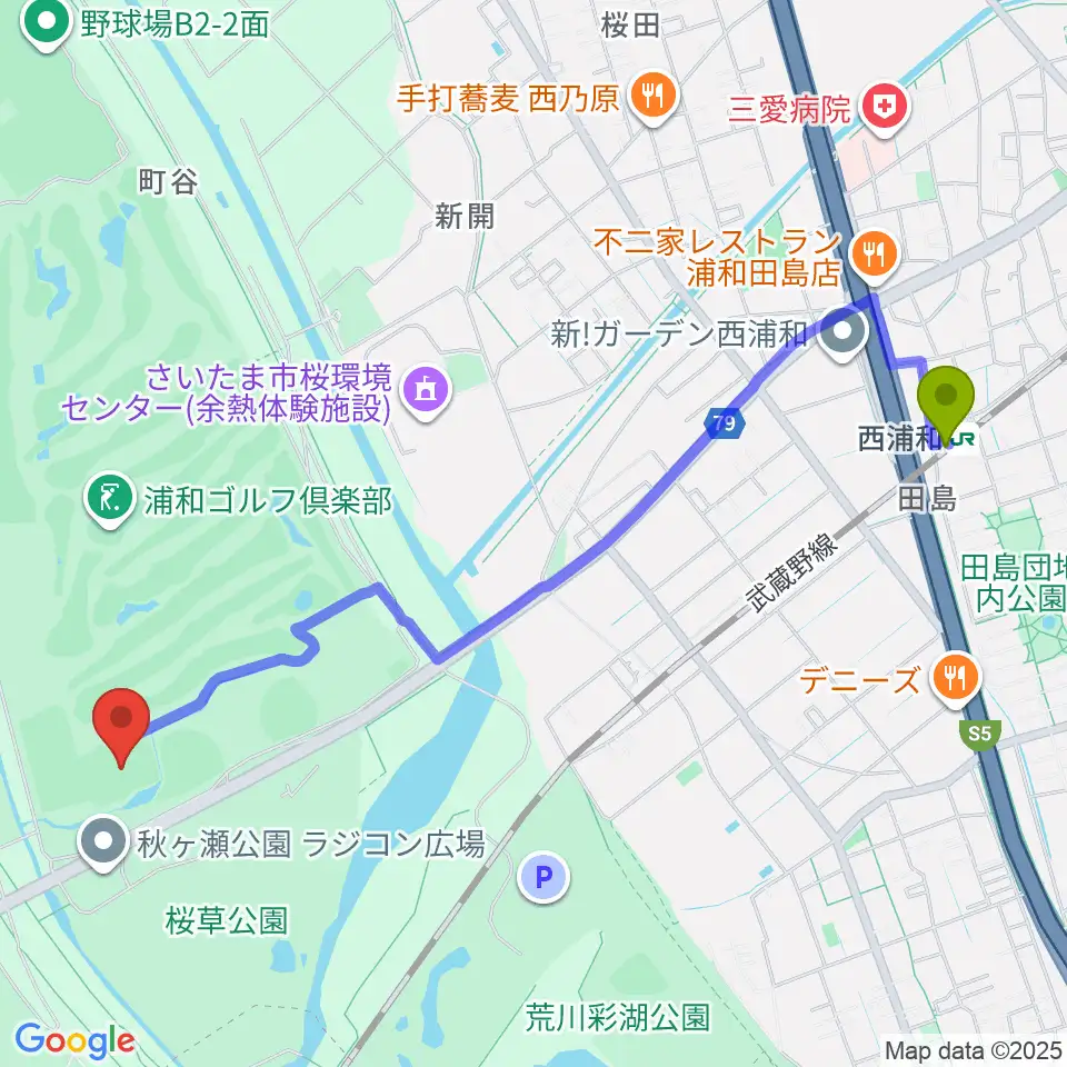 秋ヶ瀬公園ラグビー場の最寄駅西浦和駅からの徒歩ルート（約26分）地図