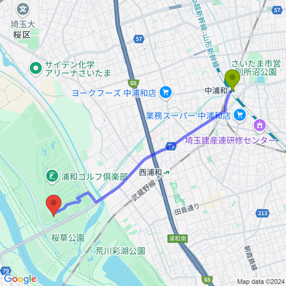 中浦和駅から秋ヶ瀬公園ラグビー場へのルートマップ地図