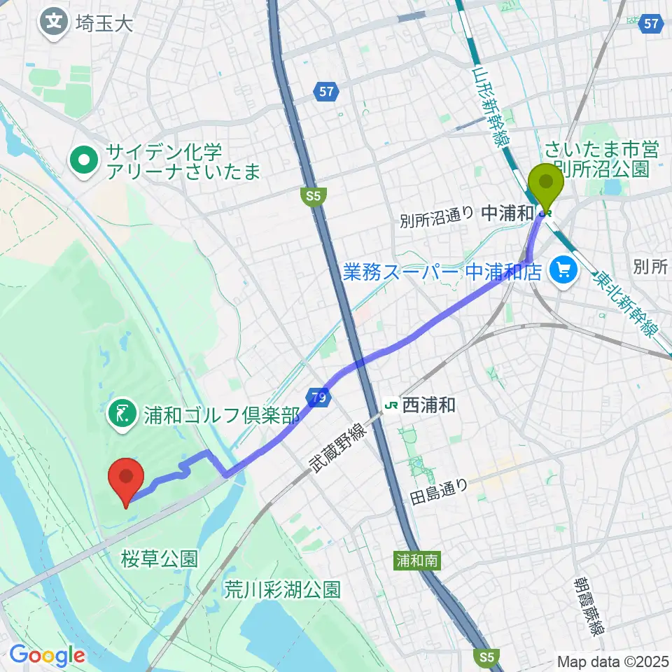 中浦和駅から秋ヶ瀬公園ラグビー場へのルートマップ地図