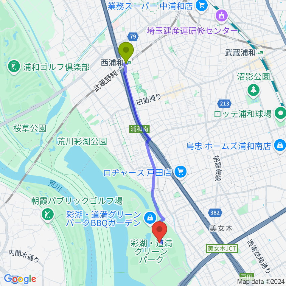 彩湖・道満グリーンパーク野球場の最寄駅西浦和駅からの徒歩ルート（約39分）地図