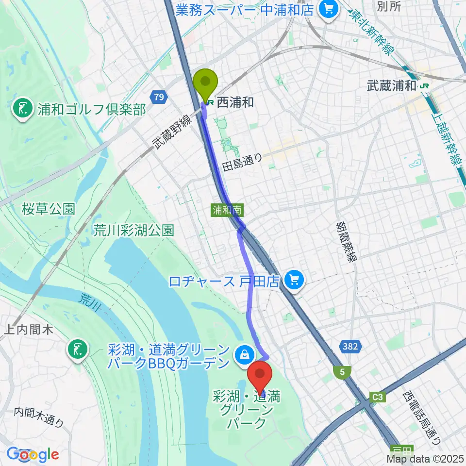 彩湖・道満グリーンパーク野球場の最寄駅西浦和駅からの徒歩ルート（約39分）地図