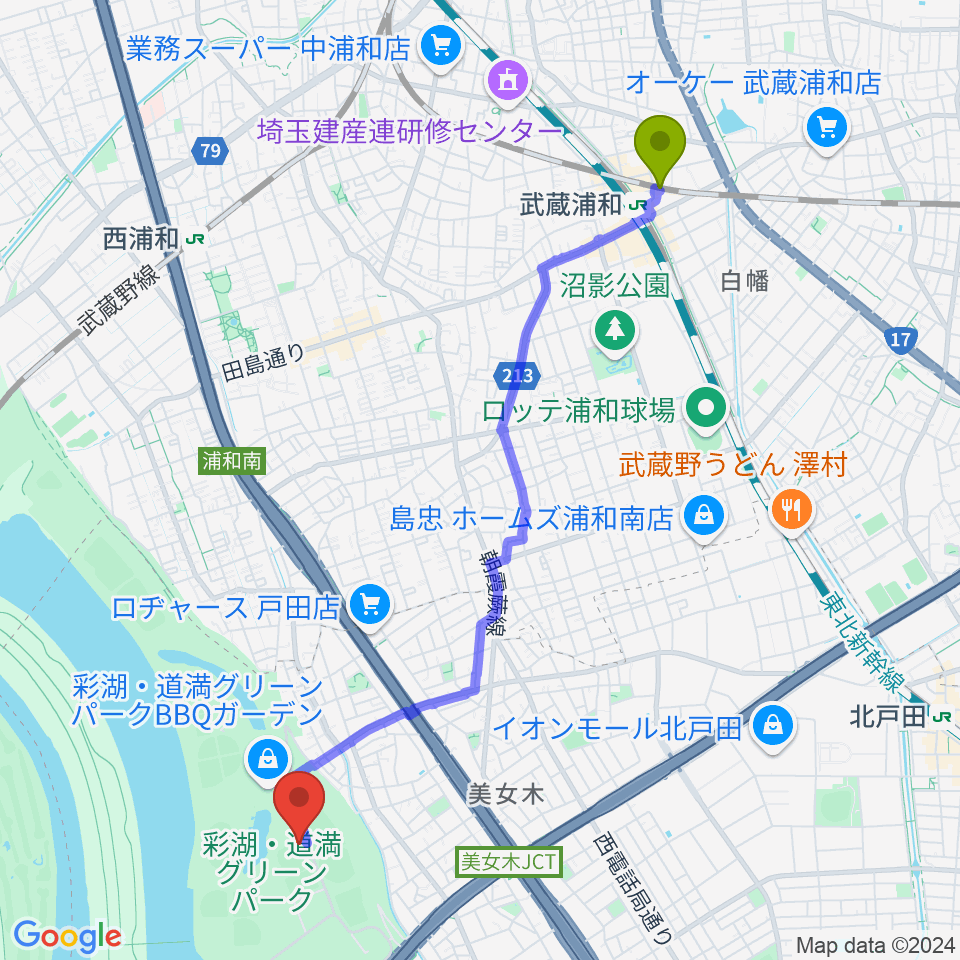 武蔵浦和駅から彩湖・道満グリーンパーク野球場へのルートマップ地図