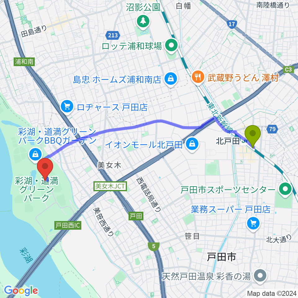 北戸田駅から彩湖・道満グリーンパーク野球場へのルートマップ地図