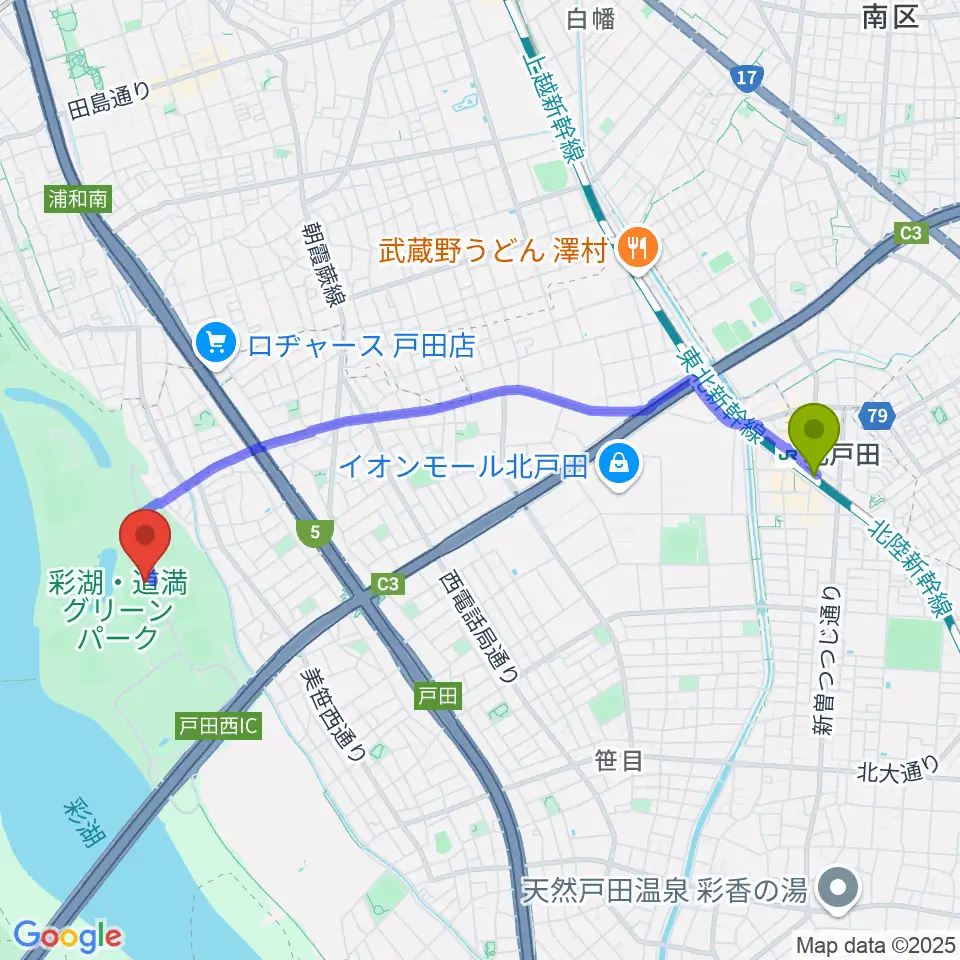 北戸田駅から彩湖・道満グリーンパーク野球場へのルートマップ地図