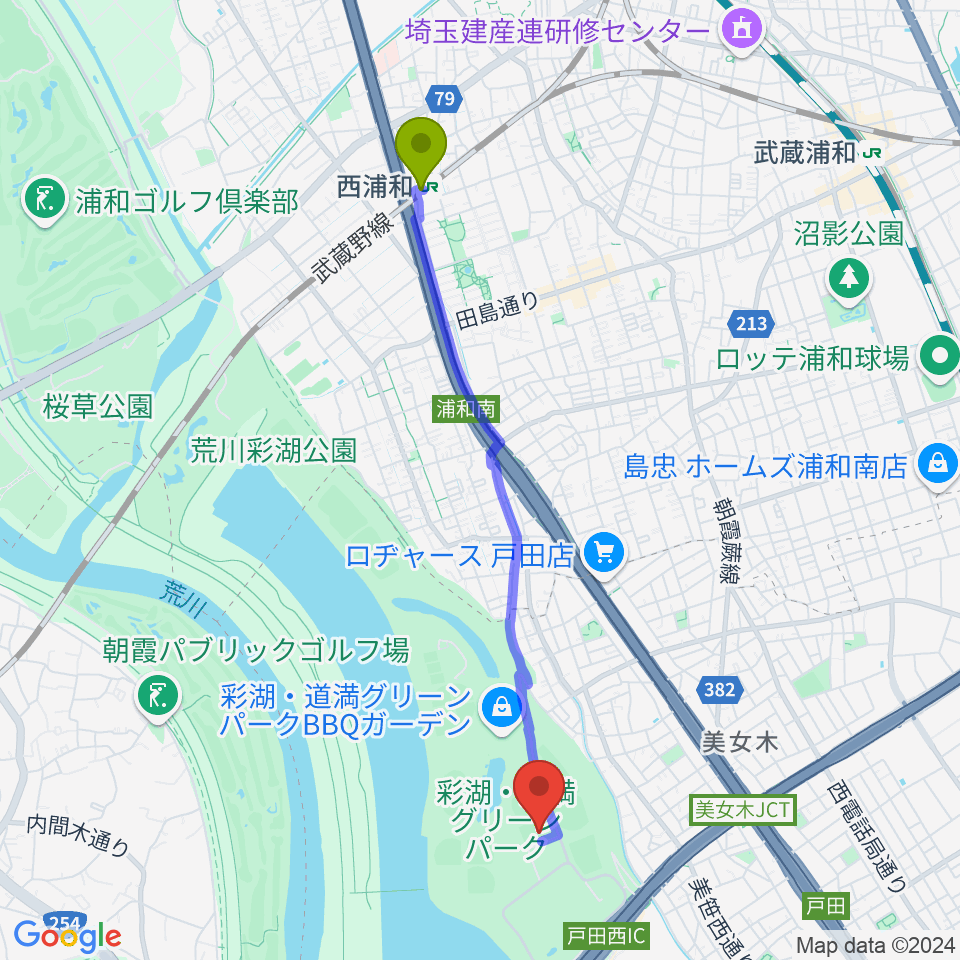 彩湖・道満グリーンパークサッカー場の最寄駅西浦和駅からの徒歩ルート（約42分）地図