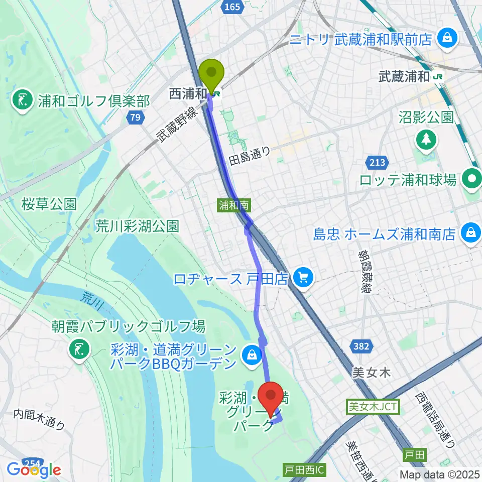 彩湖・道満グリーンパークサッカー場の最寄駅西浦和駅からの徒歩ルート（約42分）地図