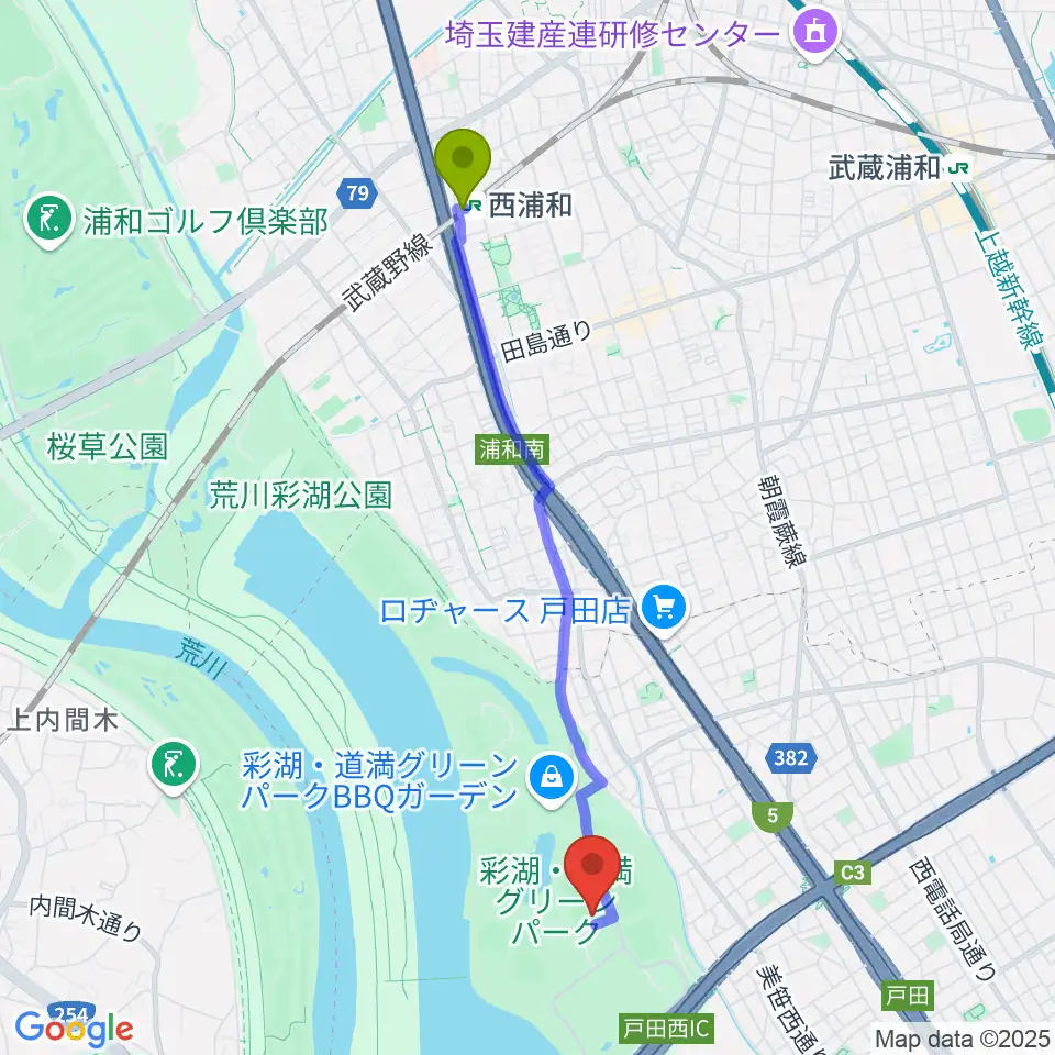 彩湖・道満グリーンパークサッカー場の最寄駅西浦和駅からの徒歩ルート（約42分）地図