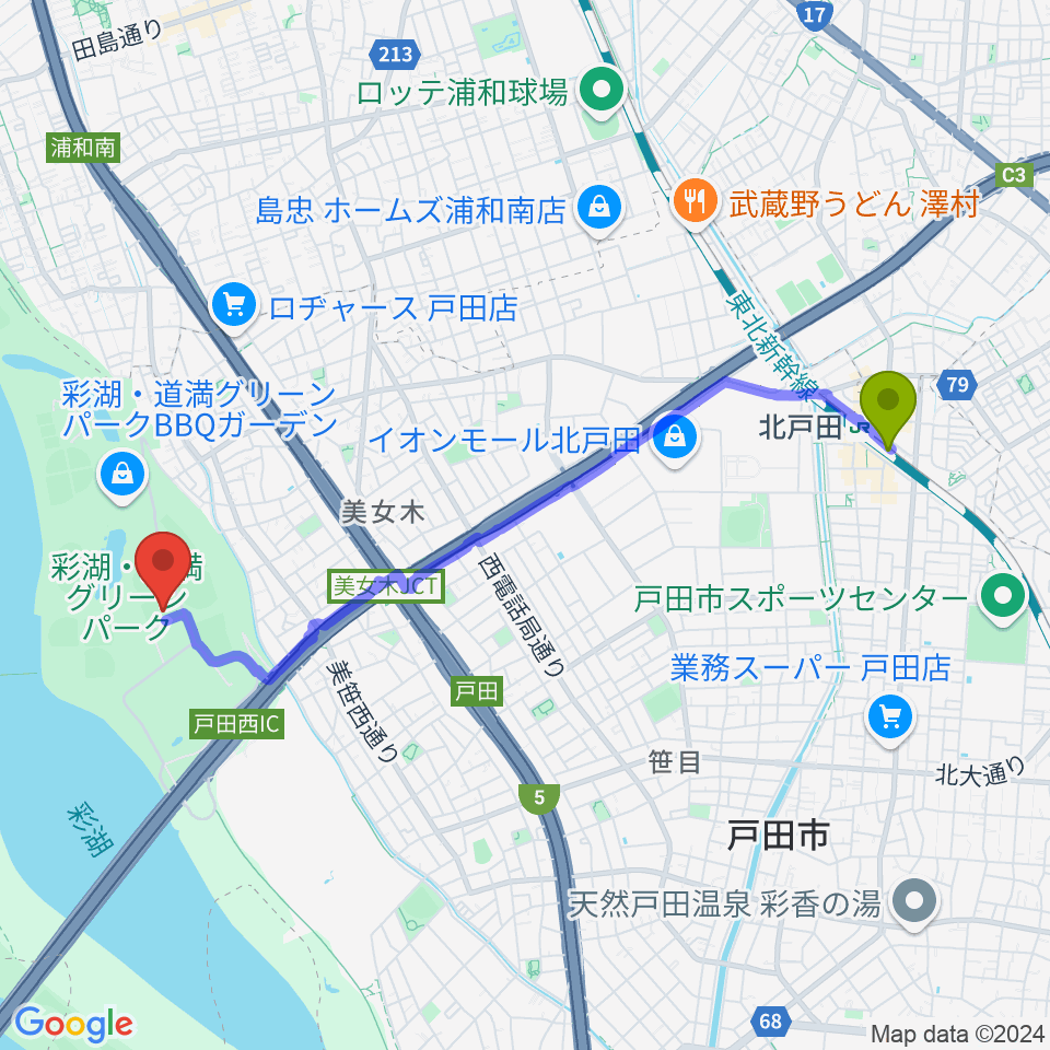 北戸田駅から彩湖・道満グリーンパークサッカー場へのルートマップ地図