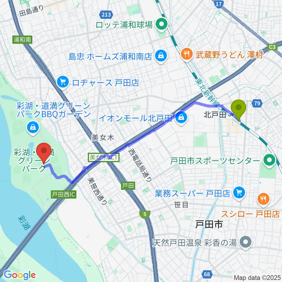 北戸田駅から彩湖・道満グリーンパークサッカー場へのルートマップ地図