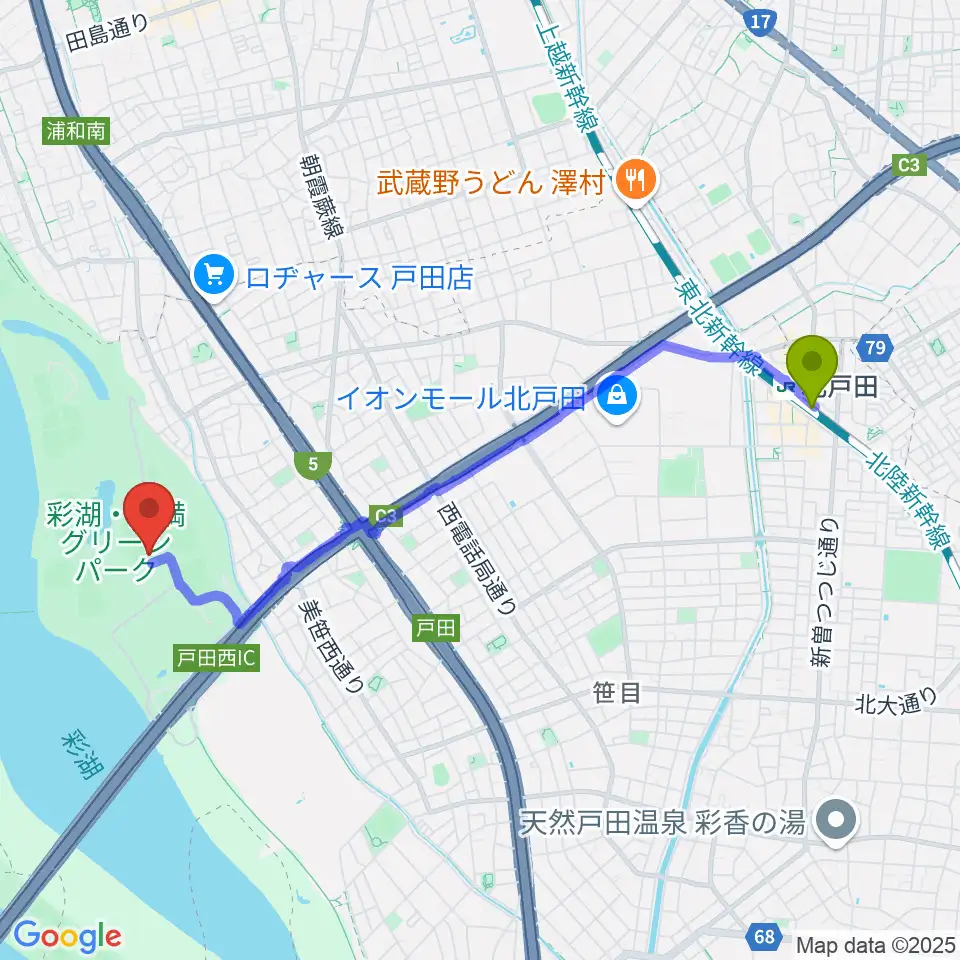 北戸田駅から彩湖・道満グリーンパークサッカー場へのルートマップ地図