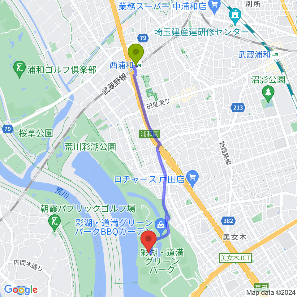 彩湖・道満グリーンパーク陸上競技場の最寄駅西浦和駅からの徒歩ルート（約39分）地図