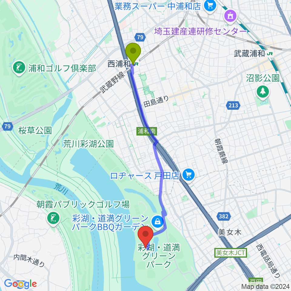 彩湖・道満グリーンパーク陸上競技場の最寄駅西浦和駅からの徒歩ルート（約39分）地図