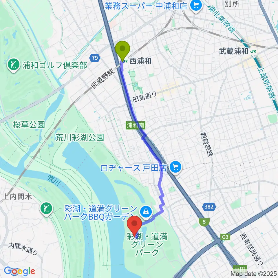 彩湖・道満グリーンパーク陸上競技場の最寄駅西浦和駅からの徒歩ルート（約39分）地図