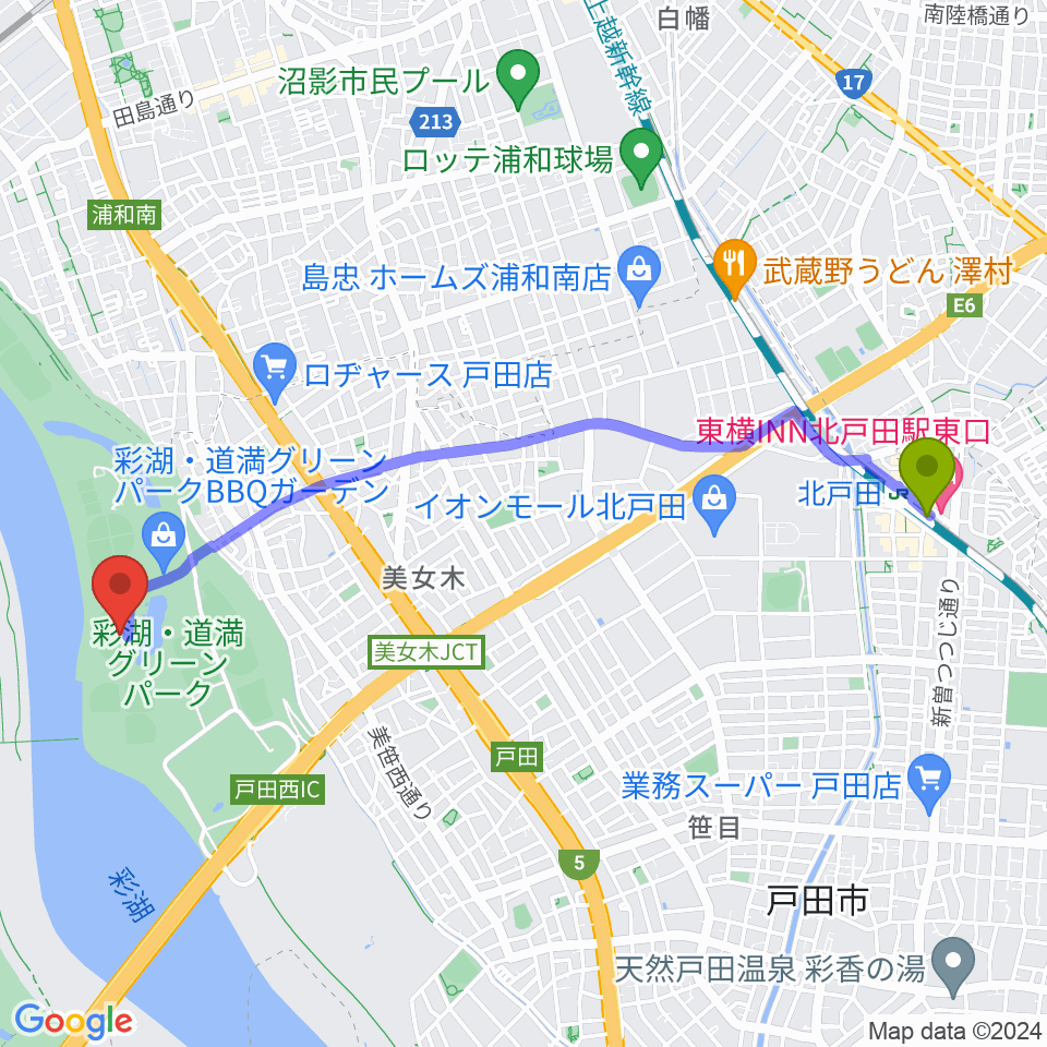 北戸田駅から彩湖・道満グリーンパーク陸上競技場へのルートマップ地図