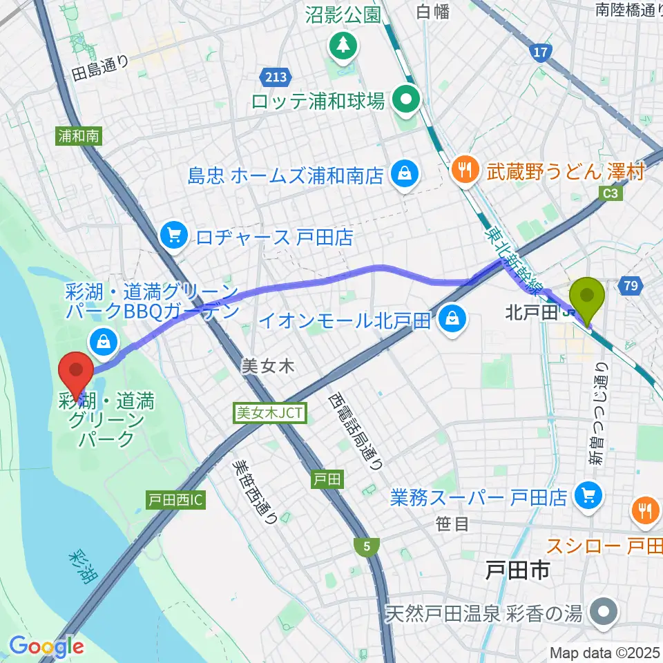 北戸田駅から彩湖・道満グリーンパーク陸上競技場へのルートマップ地図