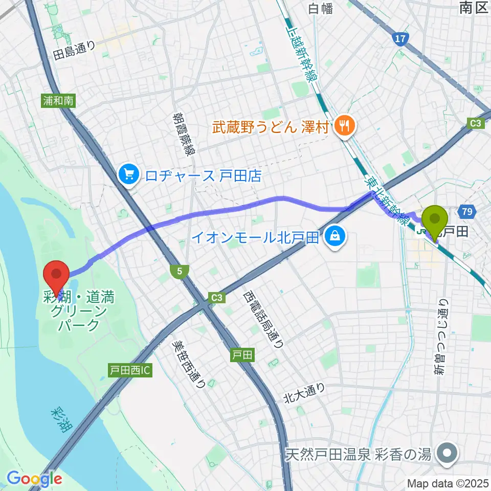 北戸田駅から彩湖・道満グリーンパーク陸上競技場へのルートマップ地図