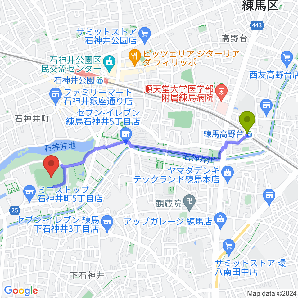 練馬高野台駅から石神井公園野球場へのルートマップ地図