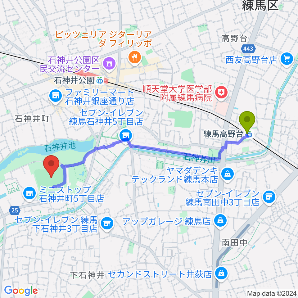 練馬高野台駅から石神井公園野球場へのルートマップ地図