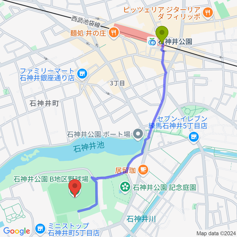 石神井公園野球場の最寄駅石神井公園駅からの徒歩ルート（約12分）地図