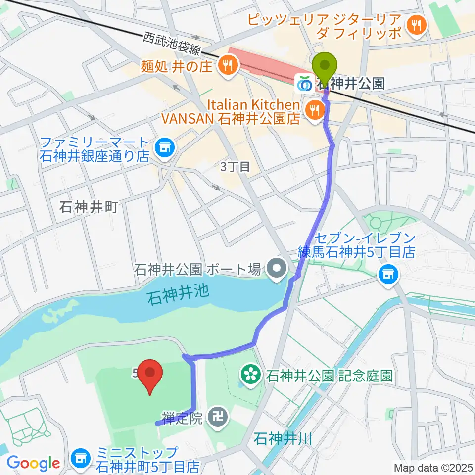 石神井公園野球場の最寄駅石神井公園駅からの徒歩ルート（約12分）地図