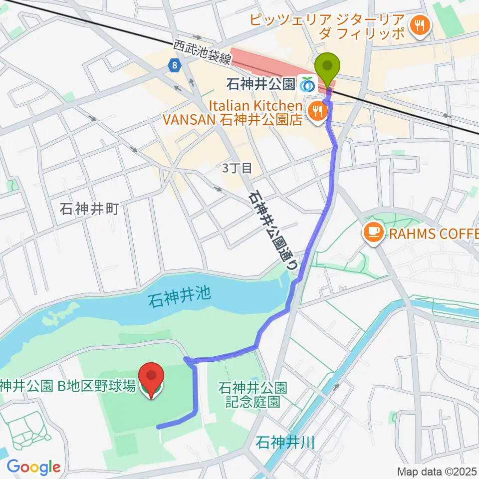石神井公園野球場の最寄駅石神井公園駅からの徒歩ルート（約12分）地図