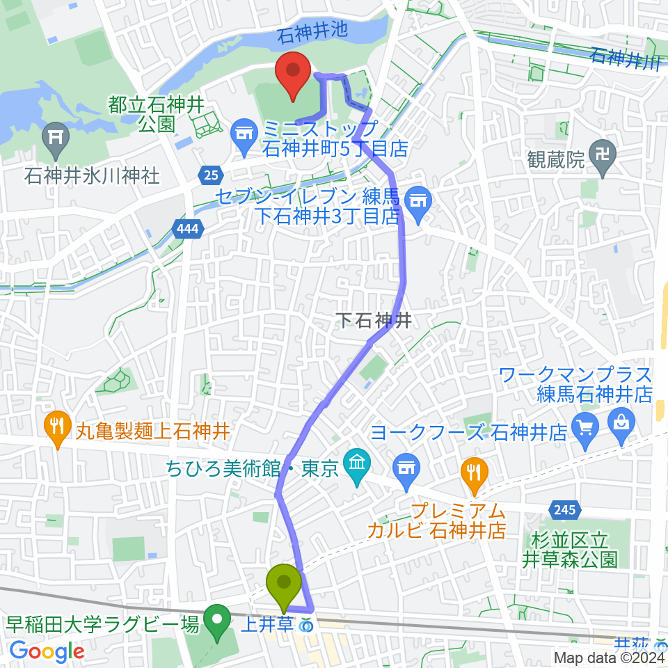 上井草駅から石神井公園野球場へのルートマップ地図