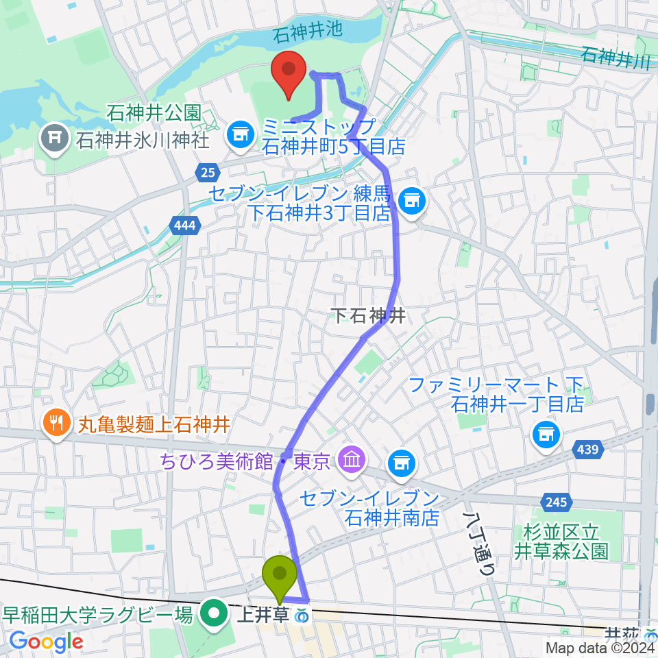 上井草駅から石神井公園野球場へのルートマップ地図