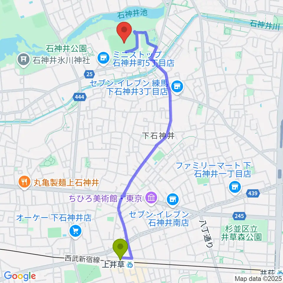 上井草駅から石神井公園野球場へのルートマップ地図