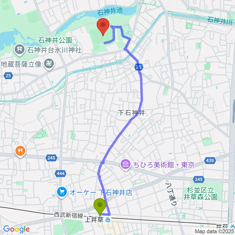 上井草駅から石神井公園野球場へのルートマップ地図