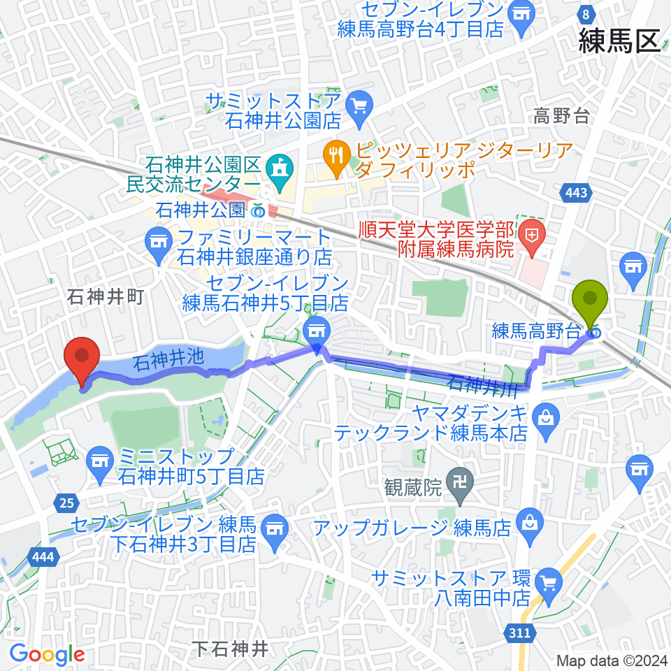 練馬高野台駅から石神井公園野外ステージへのルートマップ地図