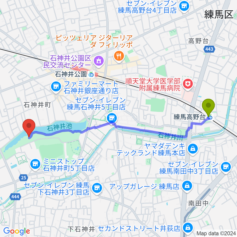 練馬高野台駅から石神井公園野外ステージへのルートマップ地図