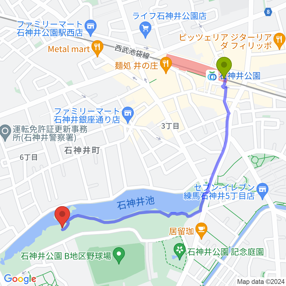 石神井公園野外ステージの最寄駅石神井公園駅からの徒歩ルート（約12分）地図
