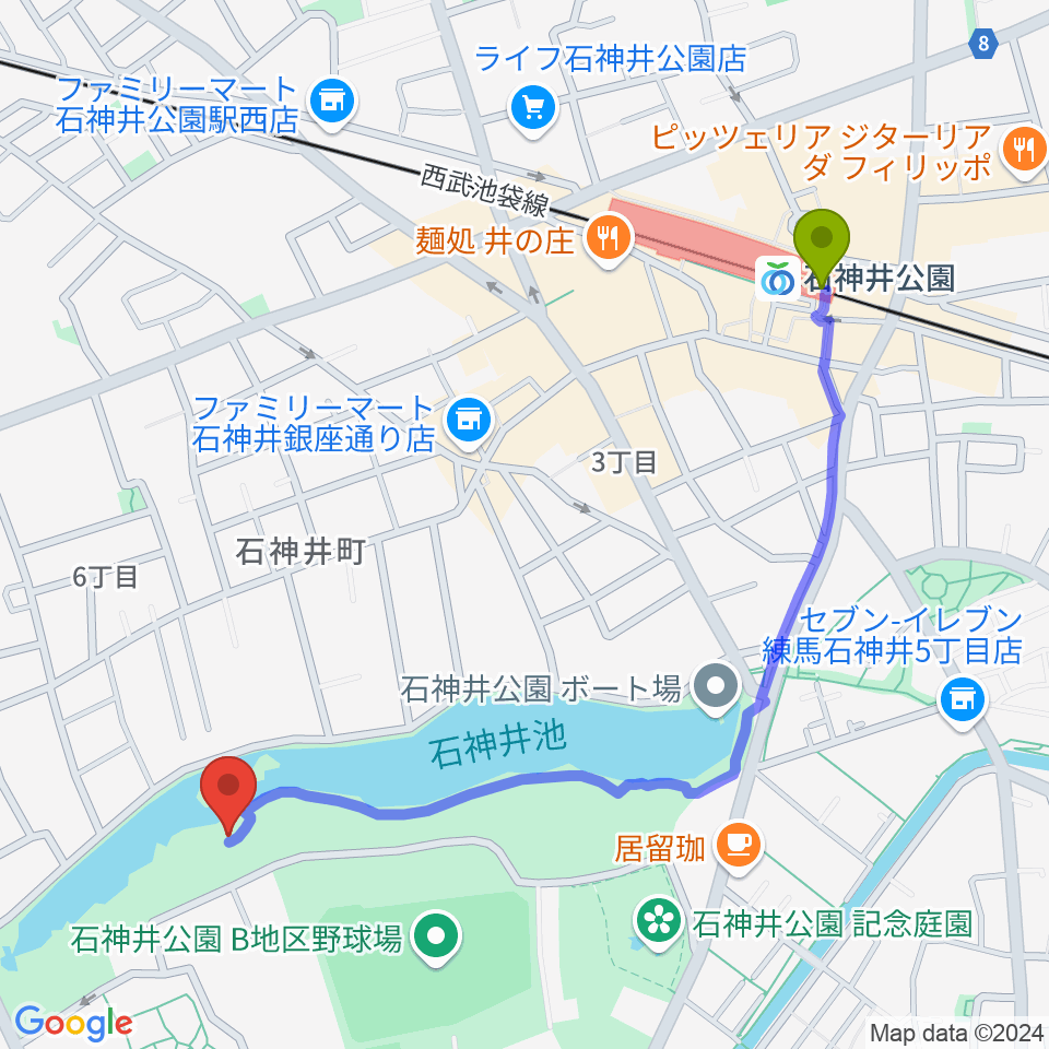 石神井公園野外ステージの最寄駅石神井公園駅からの徒歩ルート（約12分）地図