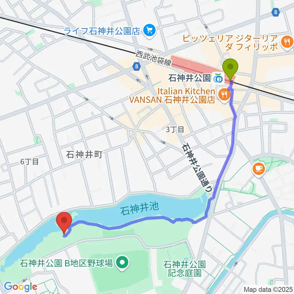石神井公園野外ステージの最寄駅石神井公園駅からの徒歩ルート（約12分）地図