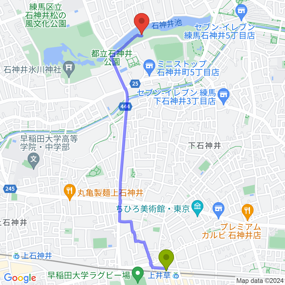 上井草駅から石神井公園野外ステージへのルートマップ地図